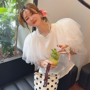 韩国东大门夏季新款白天鹅设计感网纱拼接袖子圆领白色短袖T恤女