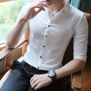 薄款短袖衬衫男士夏季七分袖衬衣中袖韩版修身休闲潮流发型师寸衫