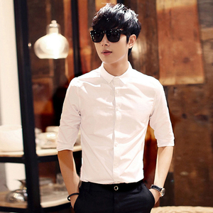 七分袖衬衫男短袖夏季韩版潮流修身衬衣发型师工作服休闲中袖白色