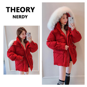 THEORY NERDY红色羽绒棉服女冬季收腰显瘦小个子短款棉衣棉袄外套