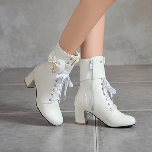 34-43甜美短靴女洋气系带侧拉链表演中跟粗跟百搭大码靴爆款白色