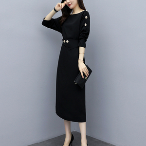 高冷系女装长袖连衣裙气质韩版收腰显瘦成熟圆领黑色流行裙子时尚
