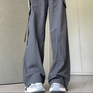 美式工装裤女夏季2024新款宽松直筒小个子阔腿裤休闲灰色运动裤子