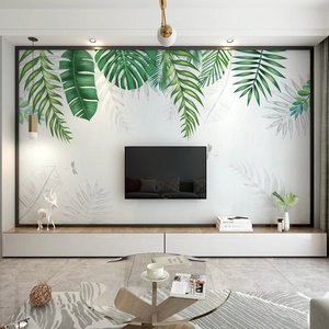 3d民宿客厅立体电视背景墙墙纸装饰墙布墙绘卧室植物清新壁画壁布