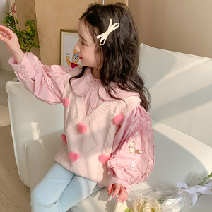 女童春季套装2024新款儿童韩版毛线马甲衬衫两件套女宝宝春装童装