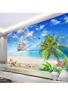 3d海洋宾馆主题墙布酒店餐厅地中海风格墙纸山水背景壁纸海景壁画