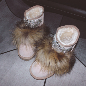 妖狐族原创设计女鞋 冬季狐狸毛水钻雪地靴 水钻短靴 显脚小靴子