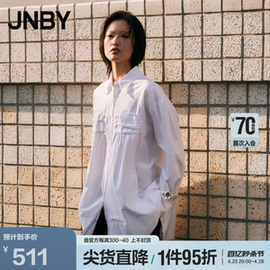 JNBY/江南布衣春折扣女长袖衬衣纯色棉质宽松中长款通勤时尚衬衫