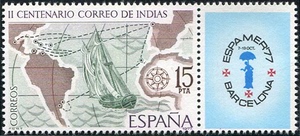 西班牙1977年巴塞罗那邮展18世纪航海地图1全 带副票 雕刻版 全品