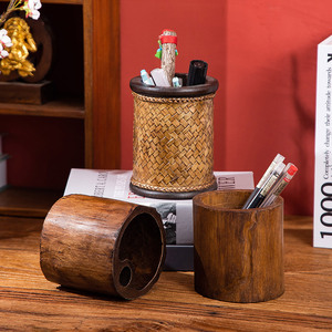 泰国实木笔筒复古做旧家居办公室桌面用礼品摆件收纳盒木头雕刻