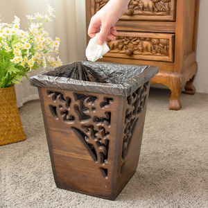 泰国复古创意垃圾桶家用客厅卧室垃圾篓厕所厨房新中式实木质纸篓