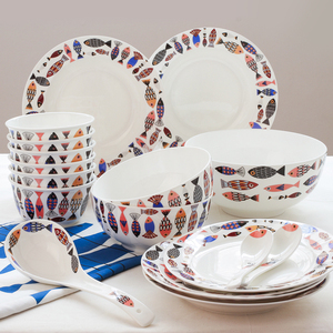 蓝鱼家用碗碟套装中式22头骨瓷餐具套装陶瓷碗盘家用