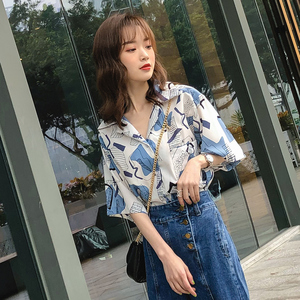 2019新款韩版心机衬衫设计感超仙女小众轻熟宽松衬衣洋气印花上衣