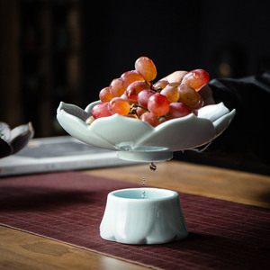 古月茶器高脚茶点盘陶瓷干果盘中式复古禅意精致沥水高足水果盘