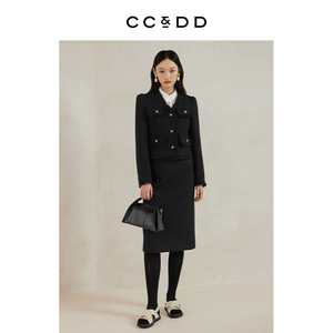 CCDD2023冬季新款女装复古摩登小香风经典款黑色小V领长袖短外套