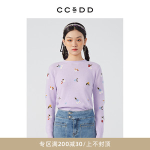 CCDD春季新款女装时尚简约紫色圆领绣花长袖针织套衫上衣