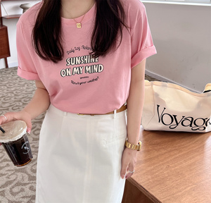 SUMMER韩版圆领字母印花短袖T恤女2023夏季新款休闲棉料上衣体恤