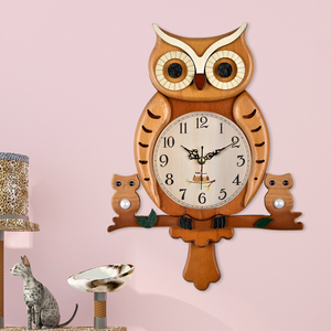 创意客厅儿童房钟表卡通猫头鹰可爱时尚个性现代简约静音木质挂钟