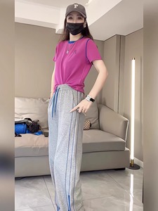 夏季女装新款简单大方休闲时尚紫色短袖T恤松紧腰运动裤两件套装