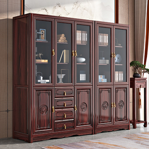 新中式实木书柜现代高档酸枝木书房家具红木储物柜带玻璃置物柜门