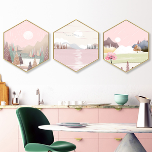 北欧ins风小清新粉色六边形装饰画客厅挂画餐厅饭桌背景墙组合画