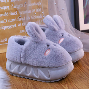 灰色可爱毛绒兔子包跟棉拖鞋高跟厚底拖鞋女冬外穿保暖棉鞋增高女