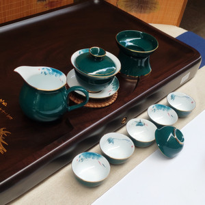 高档孔雀绿功夫茶具套装手绘描金羊脂玉瓷盖碗茶杯整套简约泡茶器