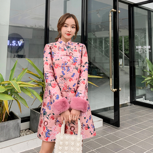 中式女装改良日常少女旗袍2021春新款粉色提花中国风盘扣夹棉外套