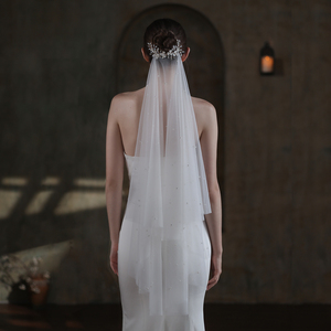 V840新款双层珍珠头纱 超仙白色新娘结婚出门纱旅拍水钻软纱头饰