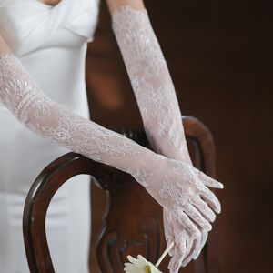WG054新款显瘦蕾丝花边新娘婚纱手套 白色长款结婚晚宴婚礼饰品