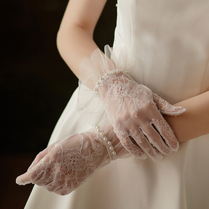 法式蕾丝短款新娘手套 白色珍珠花边结婚礼晚宴写真婚纱配饰WG048