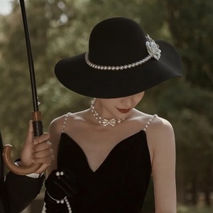 M010新娘礼帽 法式黑色大檐复古赫本风珍珠花朵优雅拍照英伦帽子