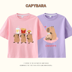呆萌水豚卡皮巴拉T恤纯棉短袖上衣男生女生小中大童capybara衣服