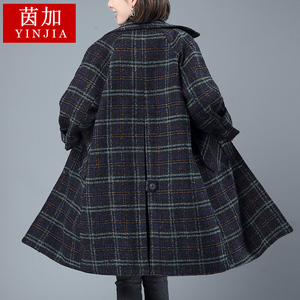 毛呢大衣女2023冬季新款妈妈夹棉加厚宽松大码中长款格子气质外套