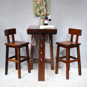 老船木吧台桌家用阳台靠墙桌子高脚长条复古小型实木休闲红酒吧椅