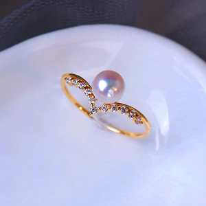 日本天女akoya戒指18K天然海水珍珠指圈单颗正圆极强光小真珠
