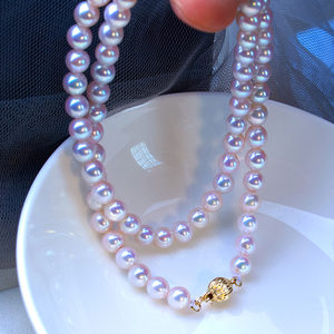 日本akoya天然海水珍珠串珠项链白透粉正圆几乎无瑕14K金扣毛衣链