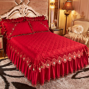 结婚纯棉单件床裙红色夹棉裙式床罩新婚庆刺绣花边全棉保护套防滑