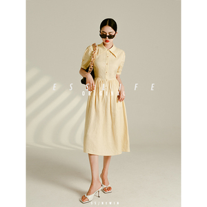 ESSLIFE重磅奢品 清凉苎麻连衣裙子女夏法式复古衬衫裙黄色衬衣裙