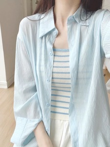 韩系蓝色薄款防晒长袖衬衫女夏装新款宽松慵懒风衬衣休闲外套上衣