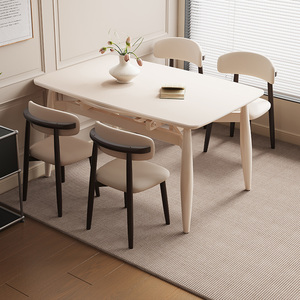 白色法式奶油风可伸缩餐桌长方形实木岩板折叠圆桌家用小户型靠墙