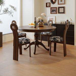 美式复古全实木圆形餐桌椅法式中古风家用小户型现代简约北欧圆桌