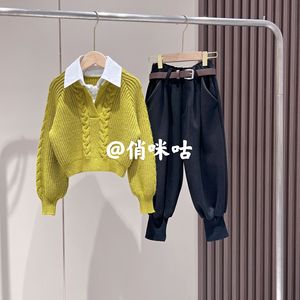 俏咪咕女童秋季新款韩版个性假两件衬衫毛衣加绒哈伦裤套装