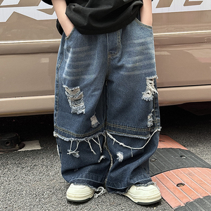 男童长裤宽松假两件牛仔裤春季个性韩版儿童做脏痞帅日系破洞男孩
