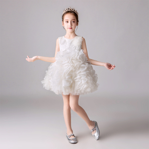 女童高端礼服洋气蓬蓬公主裙白色短款钢琴演奏表演走秀主持生日