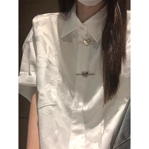 新中式国风蝴蝶结短袖衬衫外套女夏季设计感小众白色提花衬衣开衫