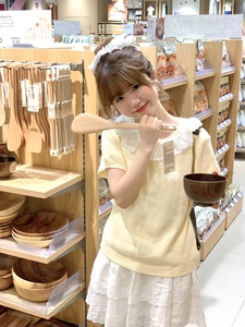 韩版甜美学院风黄色蕾丝短袖针织衫女夏季蝴蝶结显瘦娃娃衫上衣潮