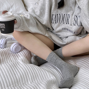 灰色袜子女春夏款学院风纯色复古菱形格纯棉透气麻花纹中筒堆堆袜