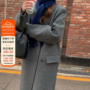 HTBT高端韩国东大门流行灰色双面绒大衣女冬季新款大牌羊毛呢外套
