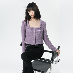 ii Morii重工定制设计羊毛呢小香风短外套编织紫色上衣初秋季女装